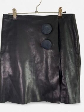 Adam Lippes Black Faux Leather Mini Skirt with Button Details